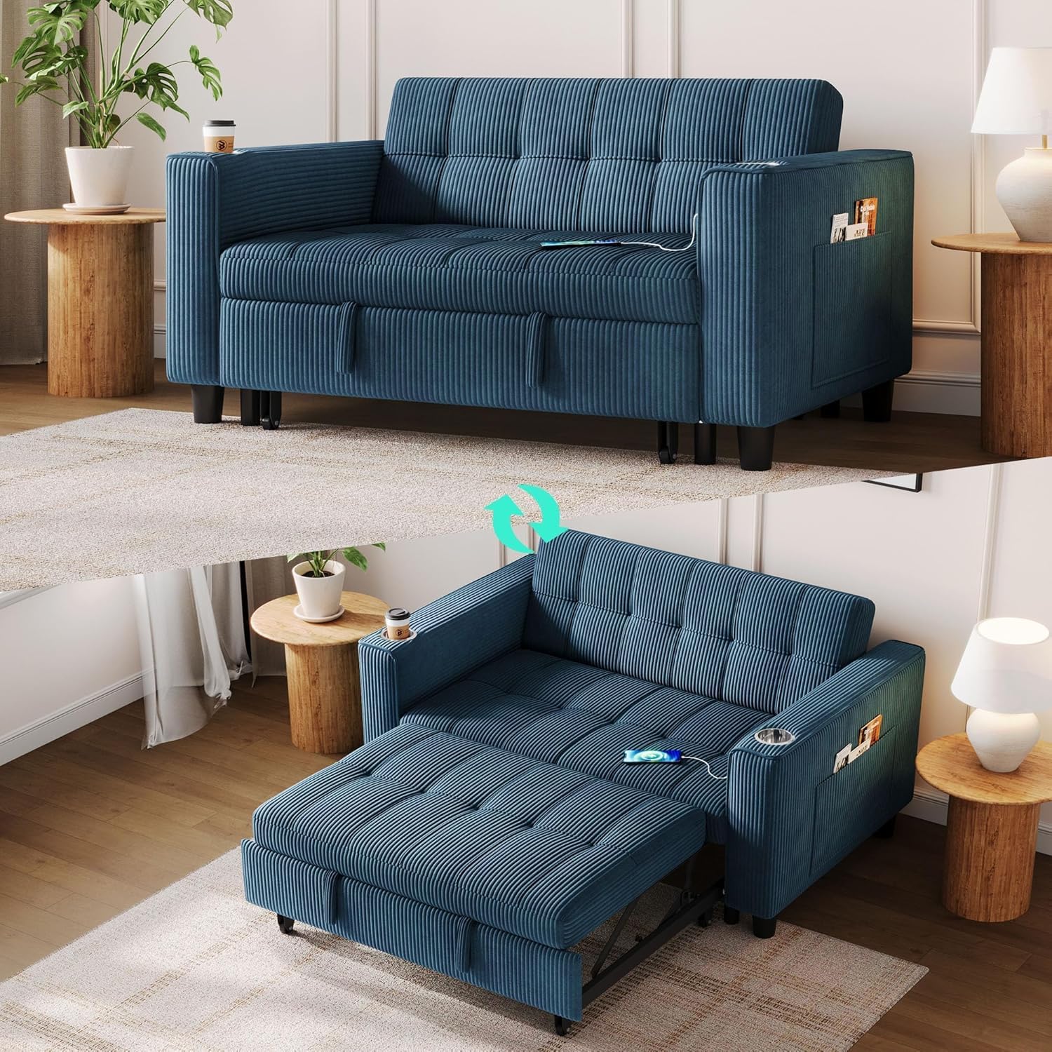 LINSY Sleeper Sofa Bed, 54' Pull Out Couch with Charging Station & Cup Holder, Small 3 in 1 Convertible Loveseat Sleeper Couch for Apartment, Dorm Room, Bedroom and Small Space(Corduroy Blue)