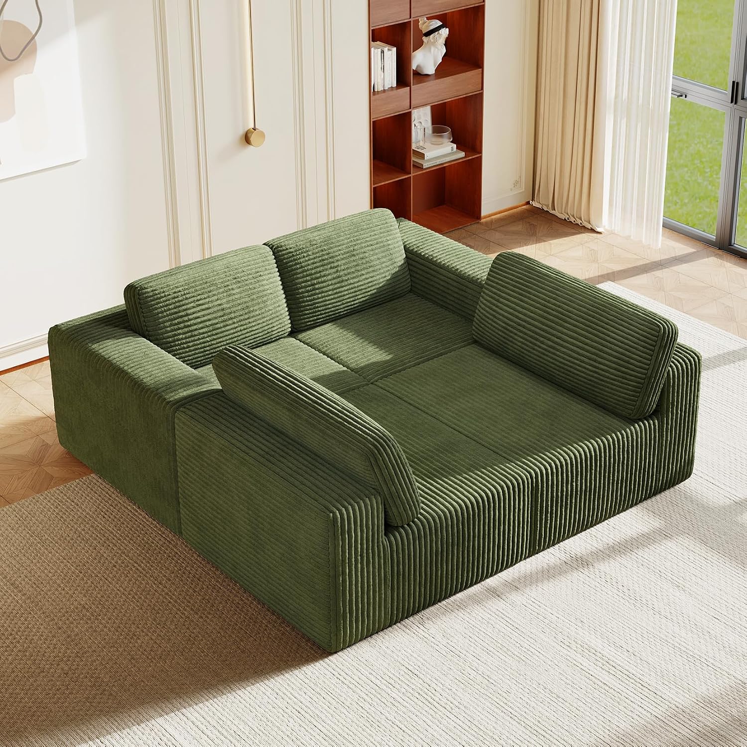 Vesgantti 159' Modular Sectional Sofa, Corduroy Cloud Couch with Extra Deep Seats & Spring Support, Flexible Layout 4-Seater Boneless Couch, No Assembly Required, Green