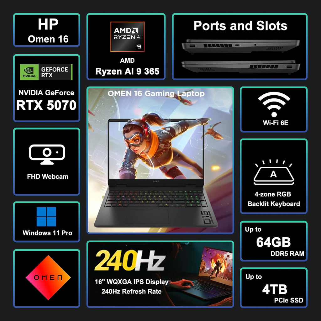 HP Omen 16 Gaming AI Laptop 16' WQXGA 240Hz (500nits 100% sRGB) AMD 10-core Ryzen AI 9 365 (Up to 50 Tops) 32GB RAM 1TB SSD GeForce RTX 5070 GDDR7 DLSS4 (Up to 798 Tops) RGB Backlit Win11Pro ICP Hub