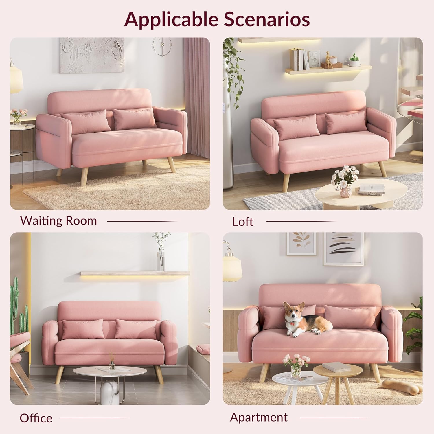 Yaheetech 46' Small Modern Fabric Sofa Loveseat Mid Century 2 Seater Sofa Couch with Lumbar Pillows, Solid Wood Legs for Living Room, Small Space, Dorm, Office, Bedroom, Pink