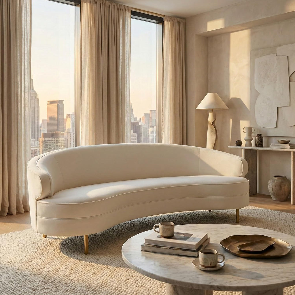 SAFAVIEH Couture Collection Primrose Cream Velvet/Gold Curved Sofa (Fully Assembled)