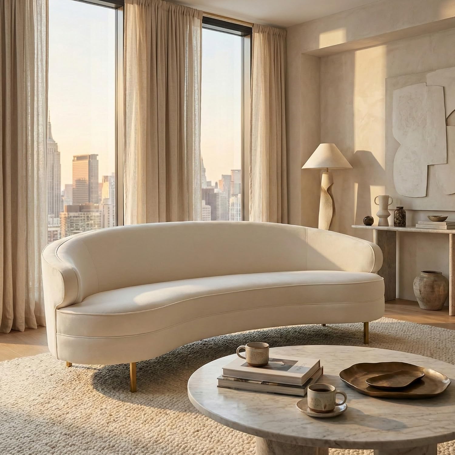 SAFAVIEH Couture Collection Primrose Cream Velvet/Gold Curved Sofa (Fully Assembled)