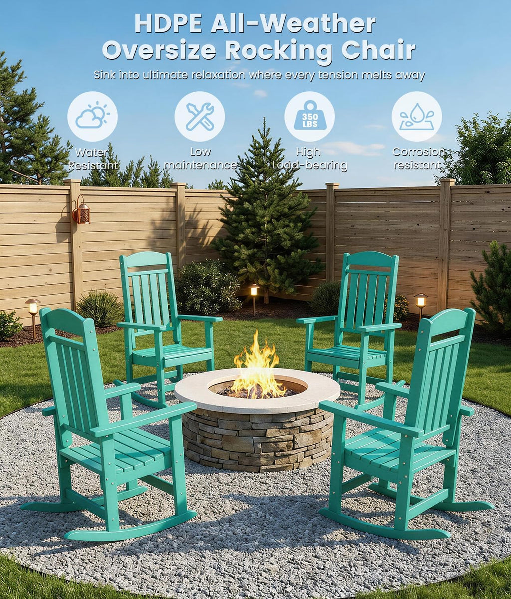 FOOWIN Outdoor Rocking Chair Set of 2, High Back Patio Rocking Chair, HDPE All Weather Resistant Porch Rocker for Adult, Oversized Rocking Chairs for Garden, Lawn, Indoor & Outdoor Use, Lake Blue