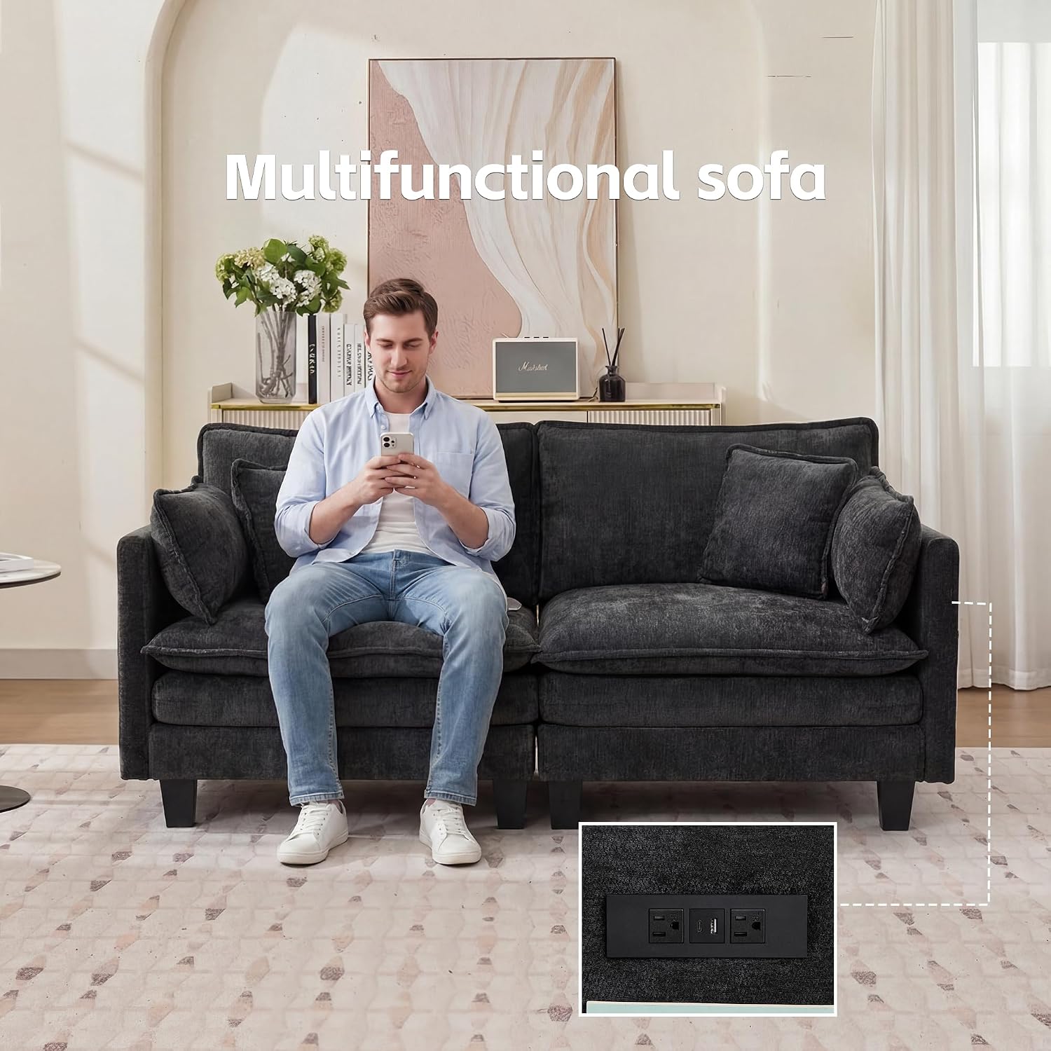 Modular Sectional Sofa, 75' Loveseat Modern Couches for Living Room, Comfy Cloud Couch with Deep Seat for Office and Apartment, with Charger, USB & Type-c Port, Black Chenille Fabric