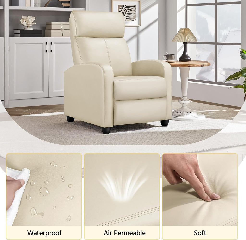 Yaheetech Recliner Chair PU Leather Recliner Sofa Home Theater Seating Adjustable Modern Single Reclining Chair Sofa with Pocket Spring Living Room Bedroom Beige