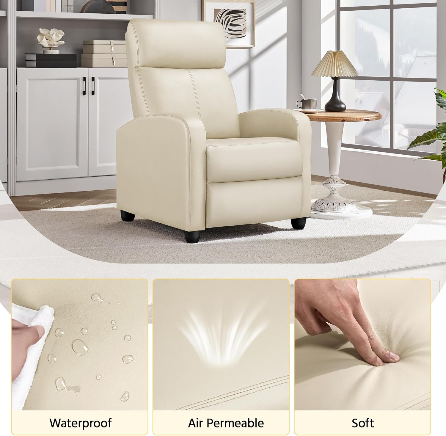 Yaheetech Recliner Chair PU Leather Recliner Sofa Home Theater Seating Adjustable Modern Single Reclining Chair Sofa with Pocket Spring Living Room Bedroom Beige