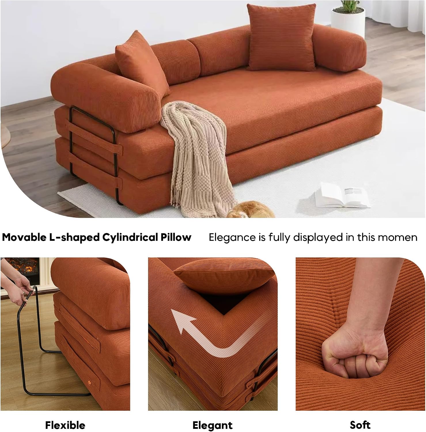ZEIINPA Convertible Sleeper Sofa Bed with Cylindrical Pillow, Corduroy Folding Mattress Couch with Fixed-Shape Frame, Floor Sofa Lounge Couch for Living Room Bedroom Lounge Studio, Orange