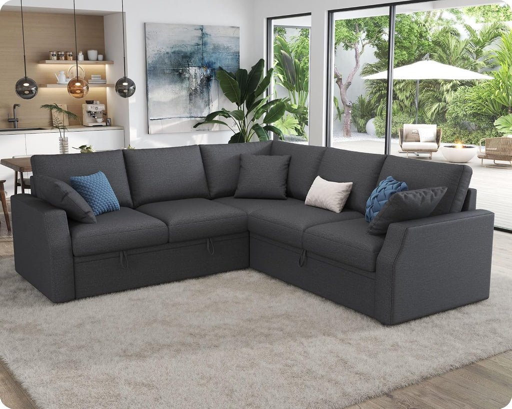 AMERLIFE Sofa Bed, 85 Inch Reversible L Shape Couch with Pull Out Bed & Storage Seat, Oversized Sectional Sleeper Bed for Living Room Apartment, Grey Linen Sleeper Sofa Couch