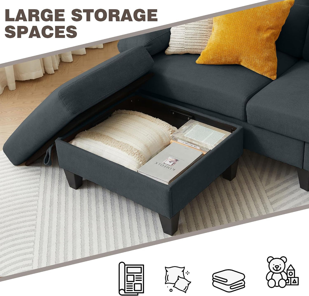84' Sectional Sofa with Chaise, L Shape 3-Seat Couch with Storage Movable Ottoman, Polyster Fabric for Living Room,Apartment and Small Space, Dark Grey
