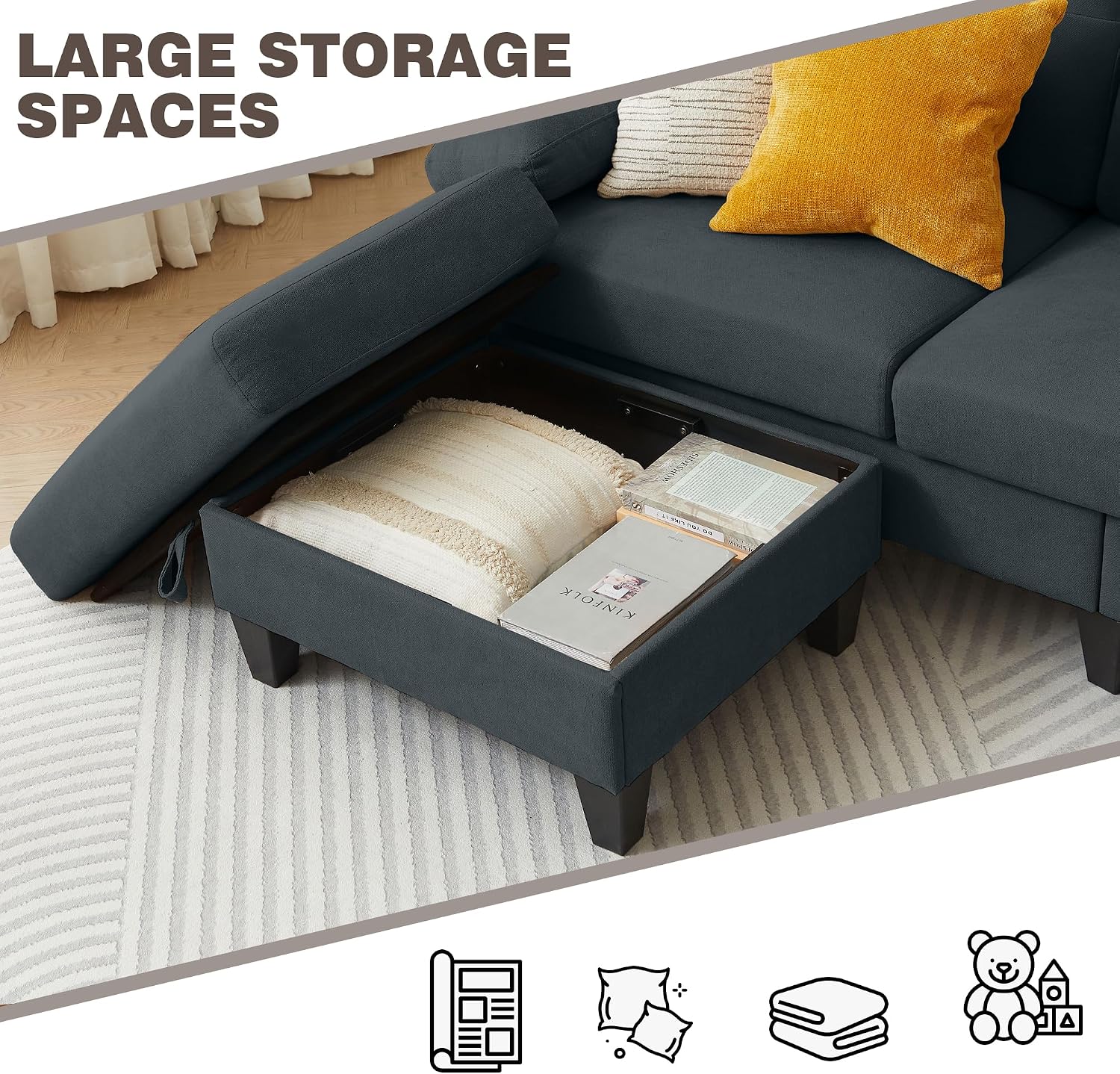 84' Sectional Sofa with Chaise, L Shape 3-Seat Couch with Storage Movable Ottoman, Polyster Fabric for Living Room,Apartment and Small Space, Dark Grey