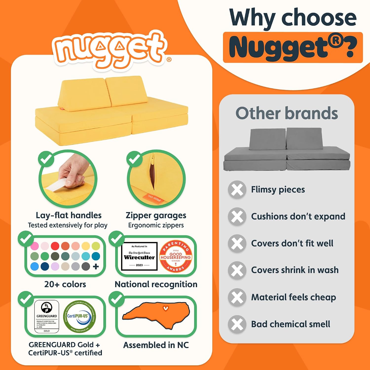 Nugget - The Original Play Couch for Kids - Modular Foam Children's Sofa for Playroom, Imagination, & Creative Open Ended Play - Washable & Convertible Playroom Furniture, Lemonade