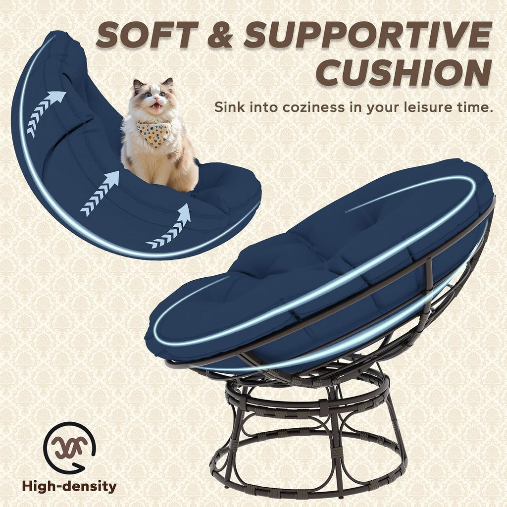 46'' Large Size Papasan Chair with (Non-Swivel) Cushion and Frame, Living Room Chair for Reading, Navy Blue