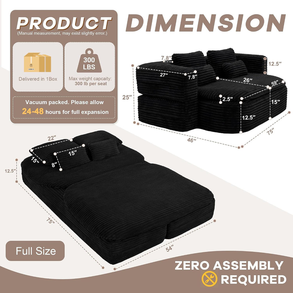 75'' Folding Sleeper Sofa Bed, Convertible Memory Foam Boneless Couch, Foldable Full Size Guest Bed, Modern 2-in-1 Futon Floor Sleeper Sofa with 4 Pillows and Blanket (Corduroy, Black)