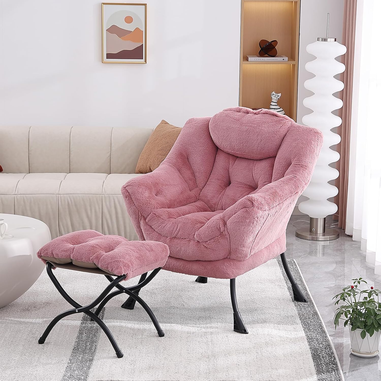 MBOOYOME Lazy Chair with Folding Ottoman, Modern Accent Armchair with Armrests and a Side Pocket & Foldable Footstool, Reading Chair for Living Room, Bedroom & Dorm, Plush Dark Pink