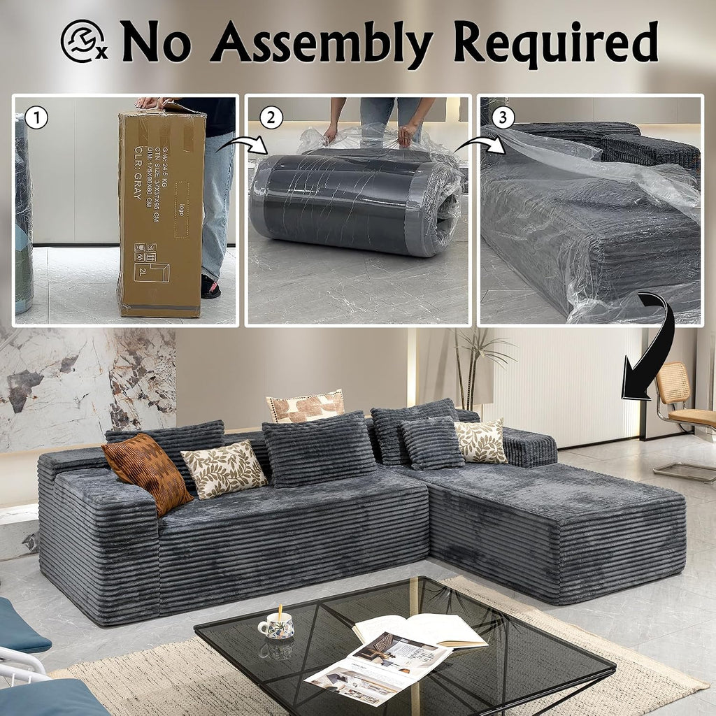 Sectional Couches for Living Room Corduroy Couch, 104' Cloud Boneless Couch with L-Shape Chaise, Modern Modular Sofa, Deep Seat Comfort, No Assembly Required(Plush Corduroy, Right Facing Chaise)