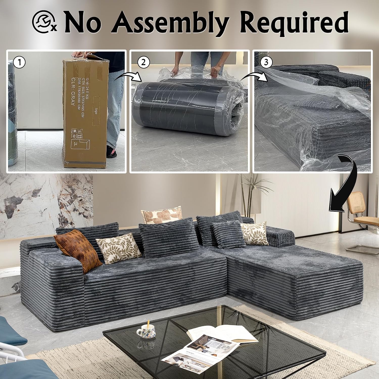 Sectional Couches for Living Room Corduroy Couch, 104' Cloud Boneless Couch with L-Shape Chaise, Modern Modular Sofa, Deep Seat Comfort, No Assembly Required(Plush Corduroy, Right Facing Chaise)