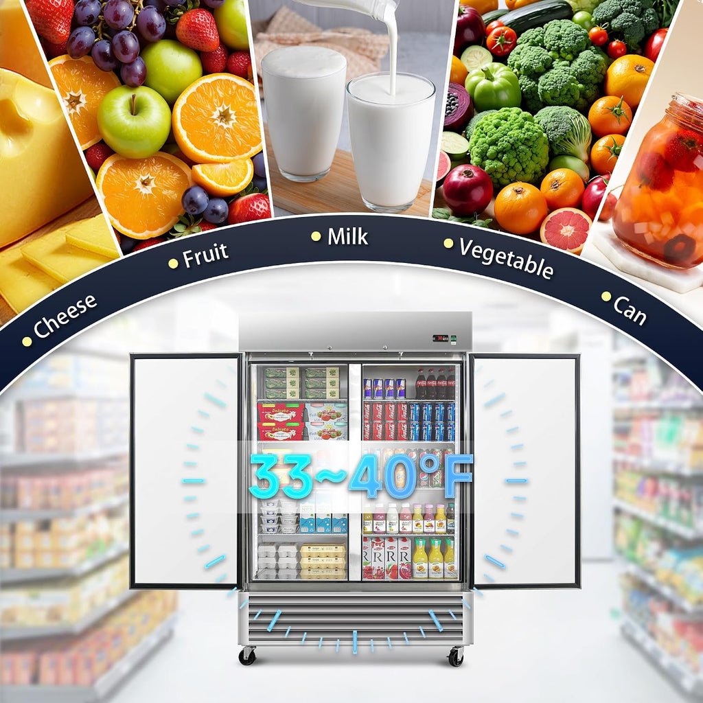 DeepTide 54' W Commercial Refrigerator with Double-Door: 49 Cubic Feet Storage, Adjustable Shelving, Automatic Defrosting, Precision Digital Thermostat, LED Lights, Safety Locks