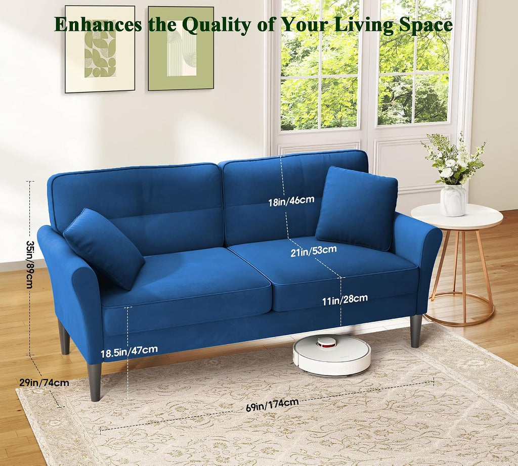 Loveseat Sofa, 69' Love Seat Couches, Comfy Velvet Small Couches for Small Spaces with 2 Pillows, Tool-Free Setup Sofas & Couches, 700lb Load Sofas for Living Room, Mini Couch for Bedroom, Blue Couch