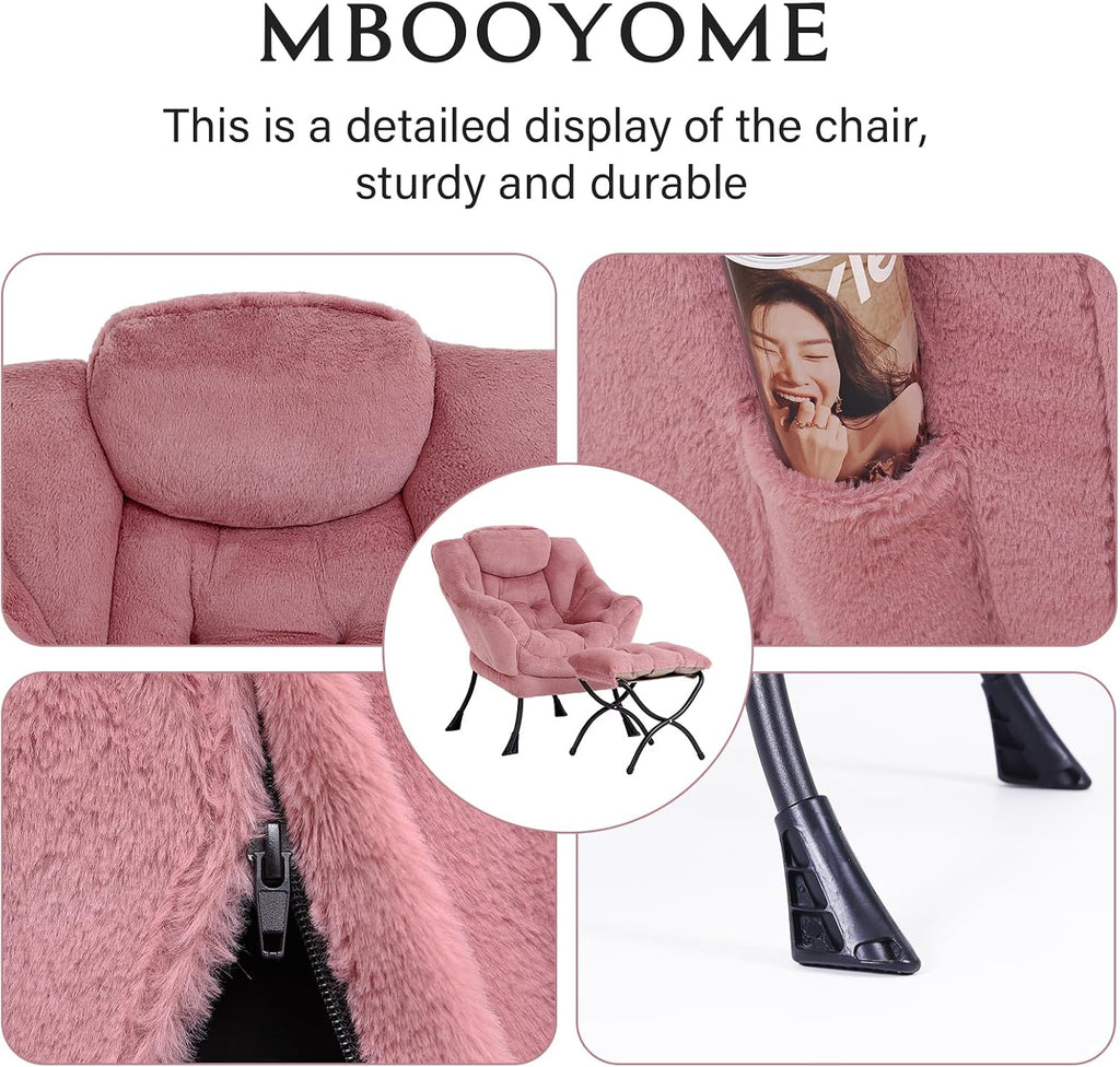 MBOOYOME Lazy Chair with Folding Ottoman, Modern Accent Armchair with Armrests and a Side Pocket & Foldable Footstool, Reading Chair for Living Room, Bedroom & Dorm, Plush Dark Pink