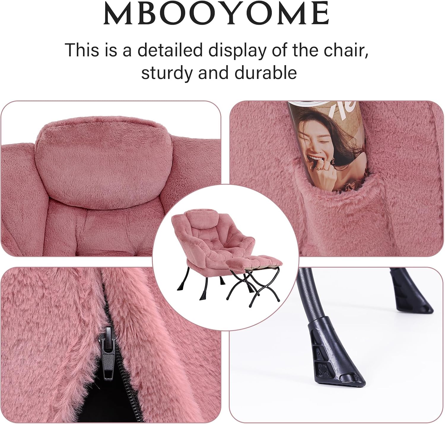 MBOOYOME Lazy Chair with Folding Ottoman, Modern Accent Armchair with Armrests and a Side Pocket & Foldable Footstool, Reading Chair for Living Room, Bedroom & Dorm, Plush Dark Pink
