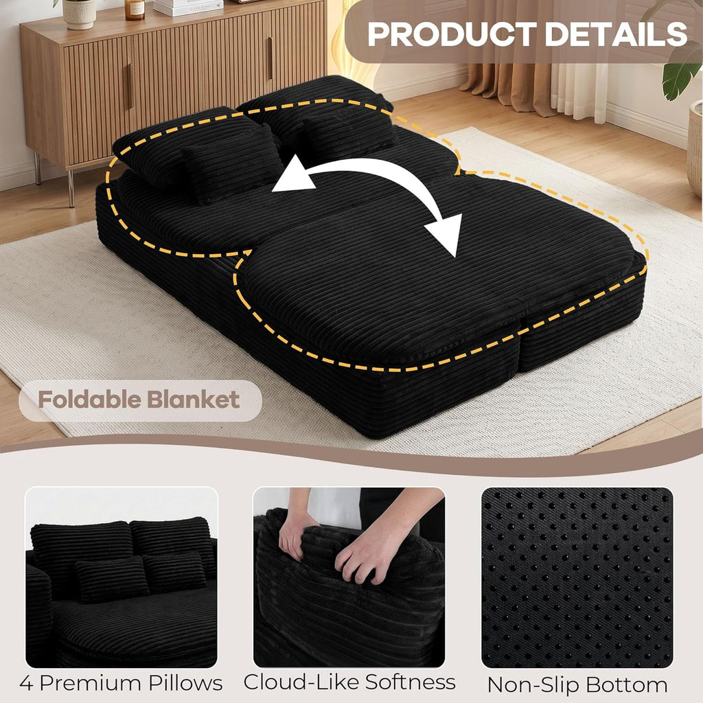 75'' Folding Sleeper Sofa Bed, Convertible Memory Foam Boneless Couch, Foldable Full Size Guest Bed, Modern 2-in-1 Futon Floor Sleeper Sofa with 4 Pillows and Blanket (Corduroy, Black)