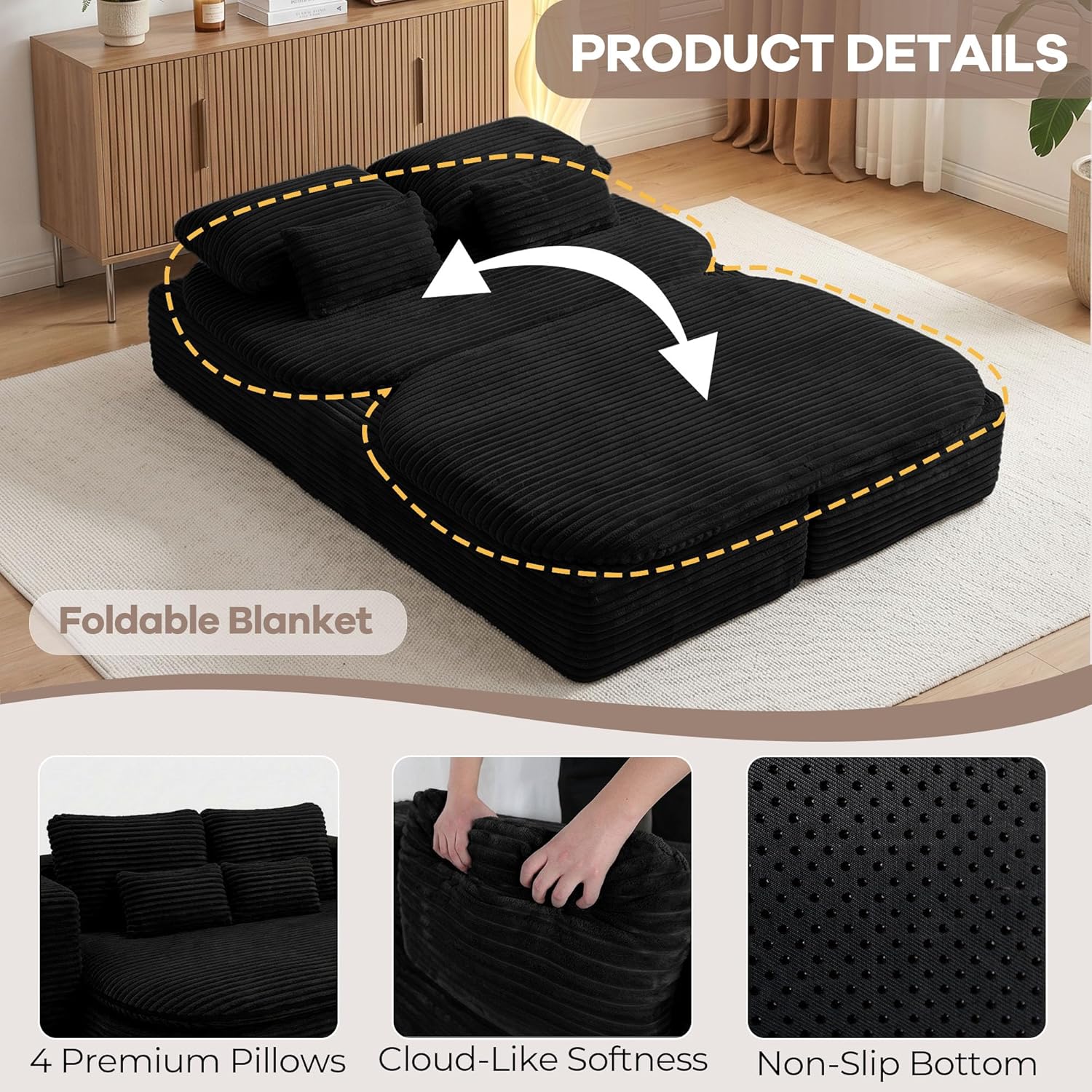 75'' Folding Sleeper Sofa Bed, Convertible Memory Foam Boneless Couch, Foldable Full Size Guest Bed, Modern 2-in-1 Futon Floor Sleeper Sofa with 4 Pillows and Blanket (Corduroy, Black)