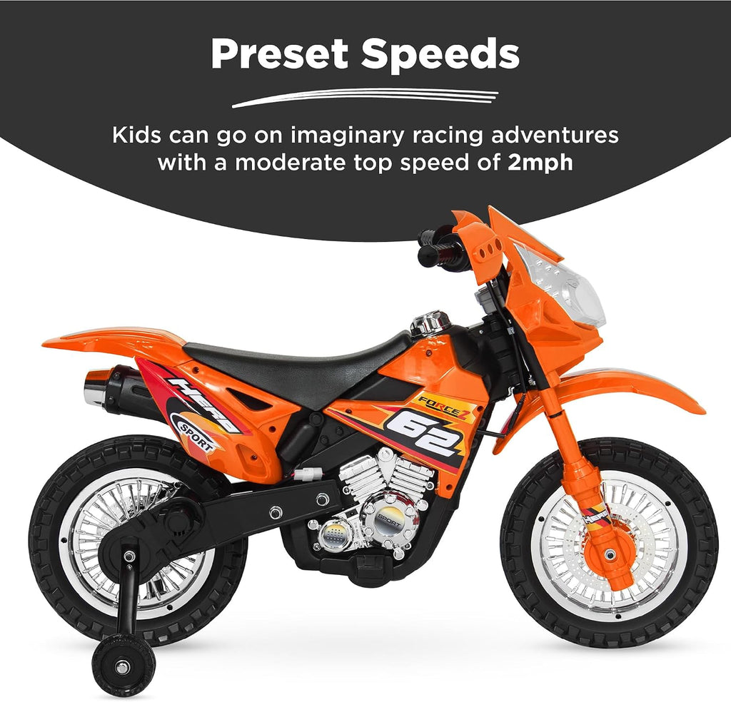 Best Choice Products Kids 6V Ride On Motorcycle w/Treaded Tires, Working Headlights, 2mph Top Speed, Training Wheels, Realistic Sounds, Music, Battery Charger - Orange