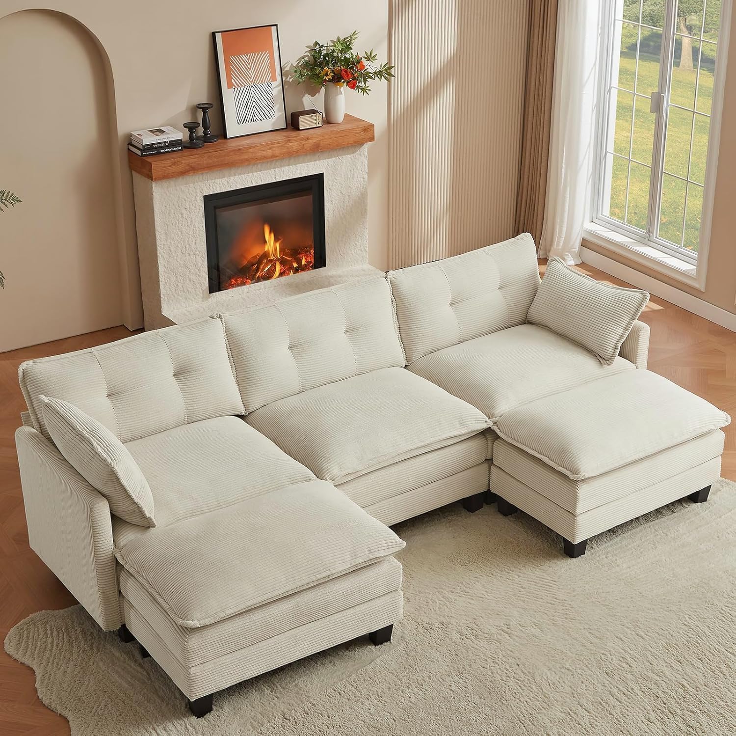 Amsleekey Modular Sectional Sofa, 111.5' U-Shaped Corduroy Comfy Sectional Couches for Living Room, 3-Seater Cloud Couches with 2 Movable Ottomans, Flexible Combination Modern Deep Seat Sofa (Beige)
