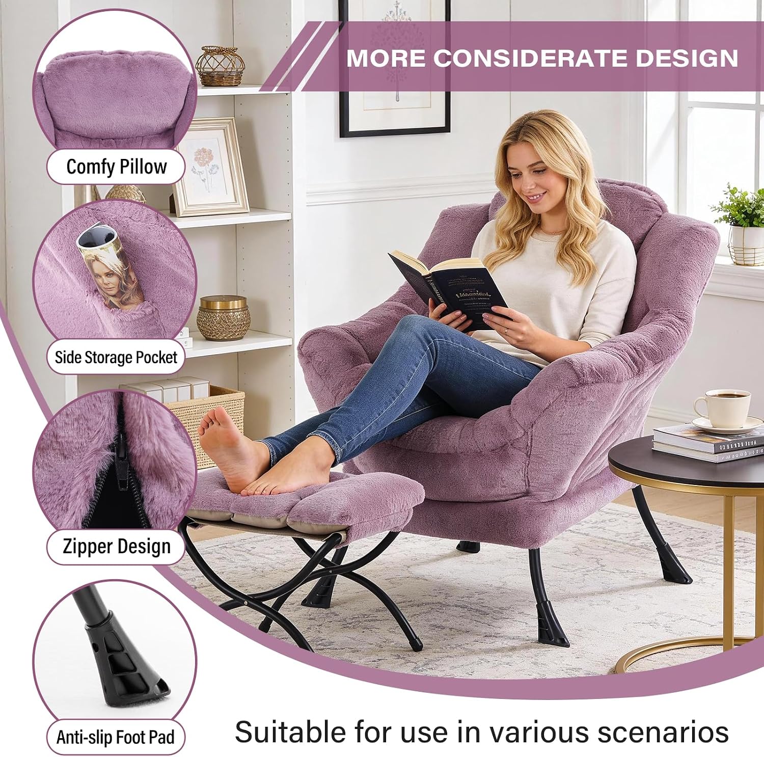MBOOYOME Lazy Chair with Ottoman, Modern Accent Lounge Armchair with Side Pocket & Foldable Footstool, Leisure Reading Chair for Living Room, Bedroom, Dorm & Office, Plush Purple