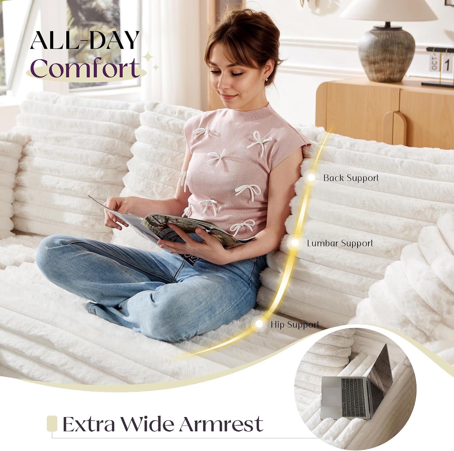 VanAcc 106' Oversized Modular Sectional Sofa, Deep Seat Cloud Couch with Corduroy Upholstery, L Shaped Boneless Sofas, Easy No-Assembly Lounge Couches for Living Room, Cream