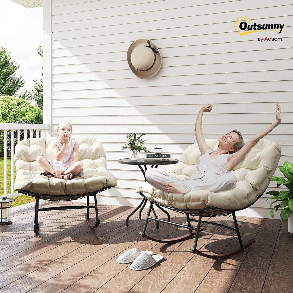 Outsunny Outdoor Rocking Chair Set of 2, Oversized Rocking Papasan Chairs with Cushions, Steel Frame, Comfy Outdoor Rockers for Patio Porch Lawn Garden, Beige