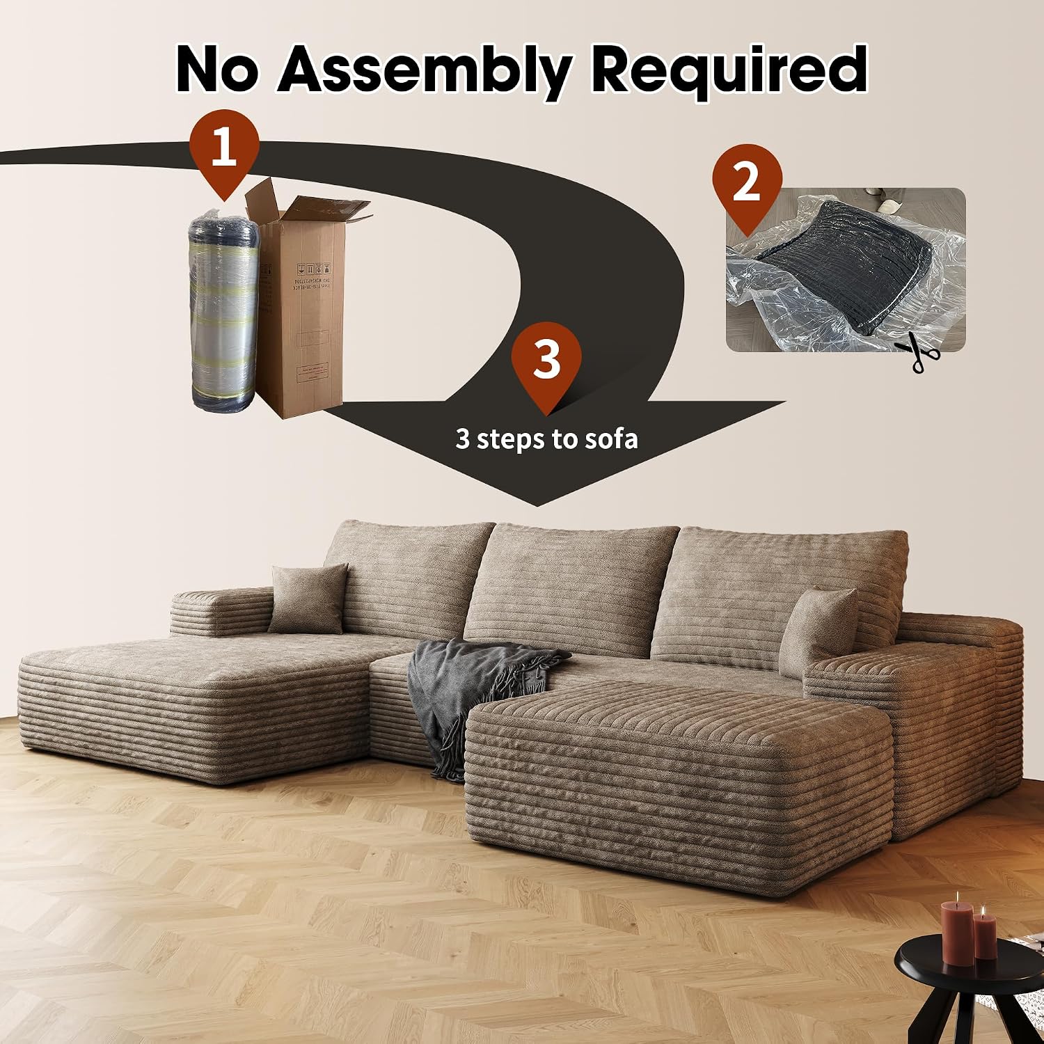 AUGOP 108' Sectional Couches for Living Room Modern Modular Sofa with L-Shape Couchs Upholstered Boneless Couch Deep Seat Sectional Couch with Chaise (Camel, Left Facing Chaise+2Seaters+1Ottoman)