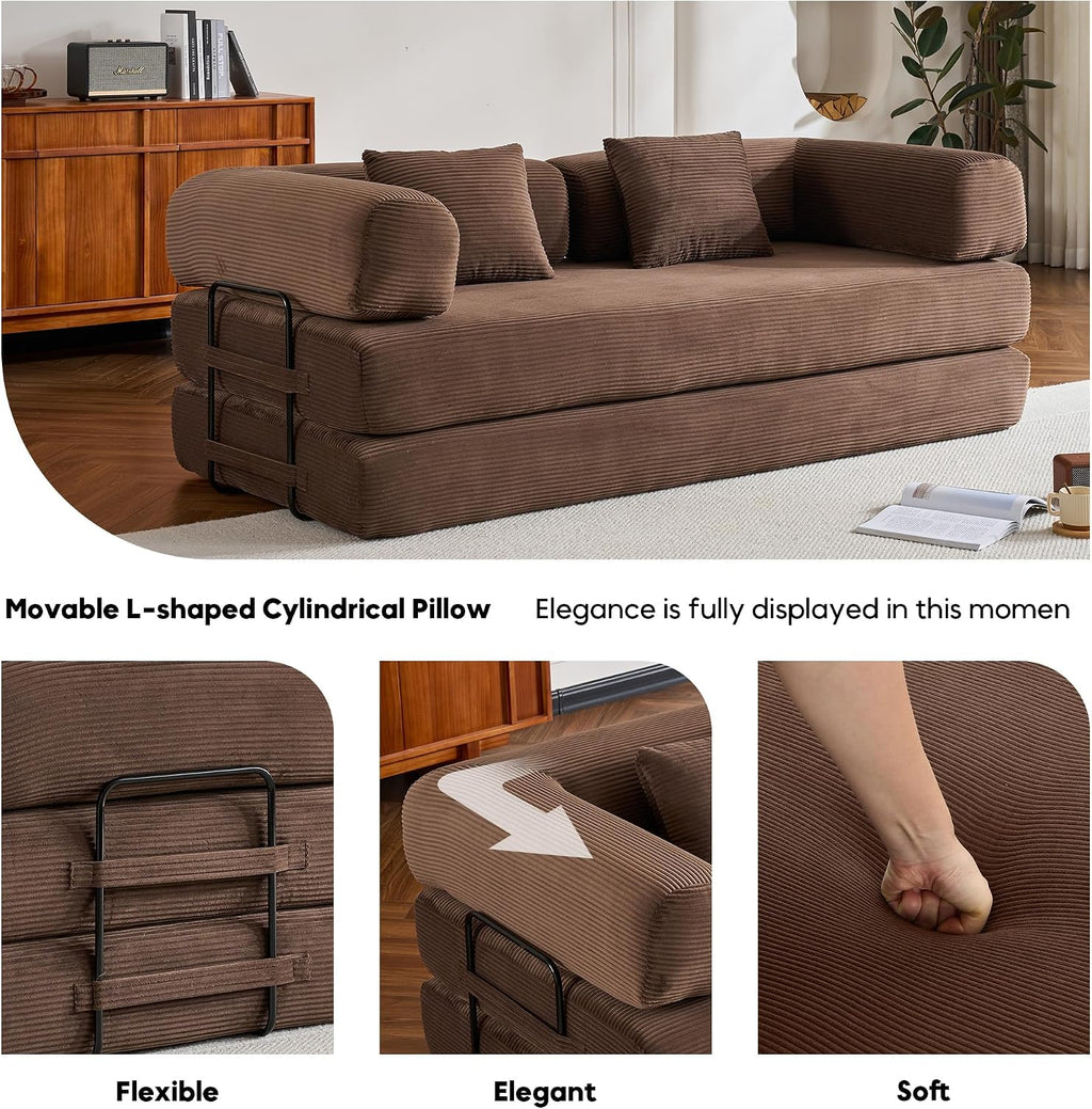 ZEIINPA Convertible Sleeper Sofa Bed, Corduroy Floor Couch with Fixed-Shape Frame, Comfy Modular Floor Sofa with Pull Out Bed, Sleeper Loveseat Boneless Couch for Living Room, Brown