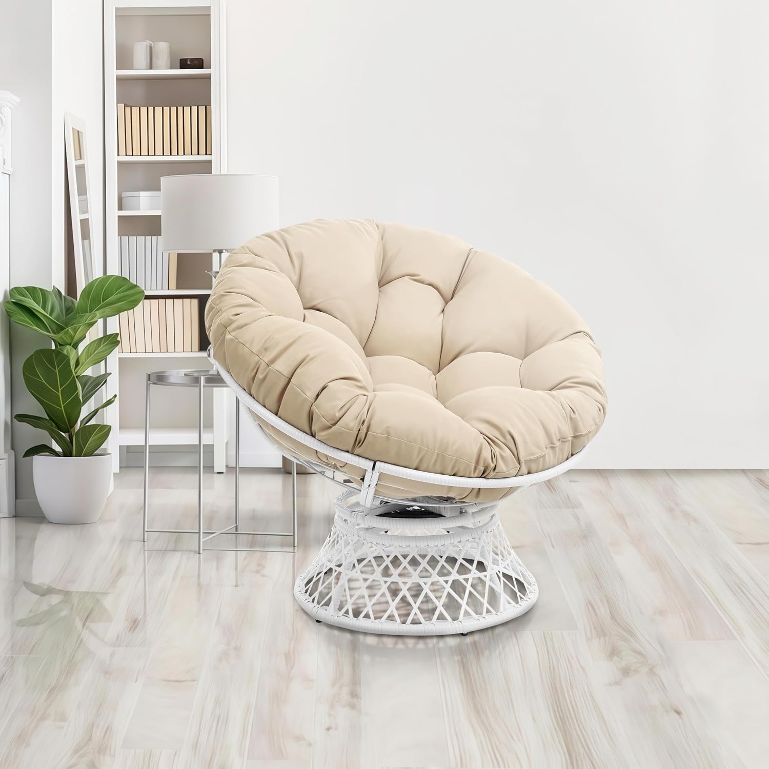 GLORY PATIO 360° Swivel Papasan Chair - 350lbs Capacity Indoor/Outdoor Wicker Lounge Chair with Thick Cushion, Modern Accent Chair for Living Room, Bedroom, Patio (White Frame & Khaki Cushion)