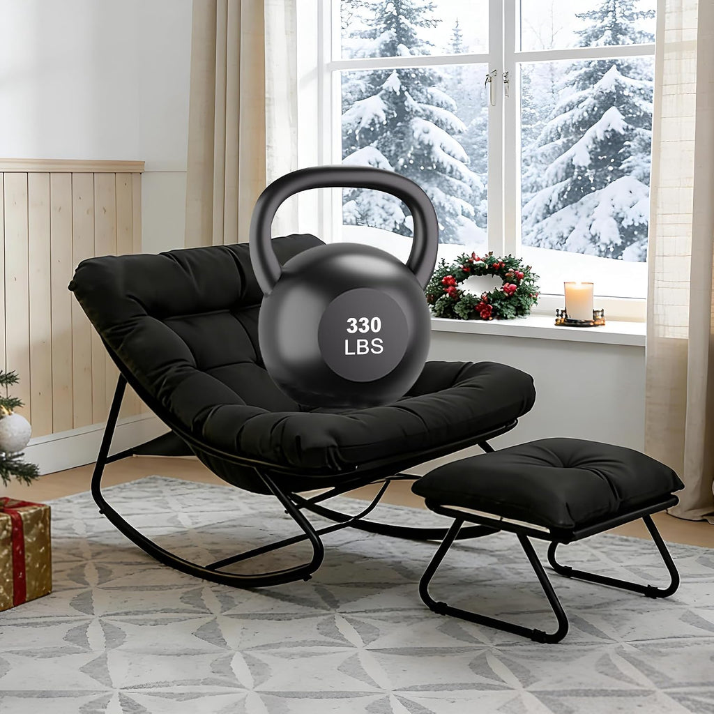 Outdoor Rocking Chair with Ottoman, Comfy Oversized Papasan Chair, Modern Upholstered Egg Gliders, 300 Lbs Wide Recliner Lounge Rocker for Bedroom, Living Room, Patio, Porch, Balcony(Black)