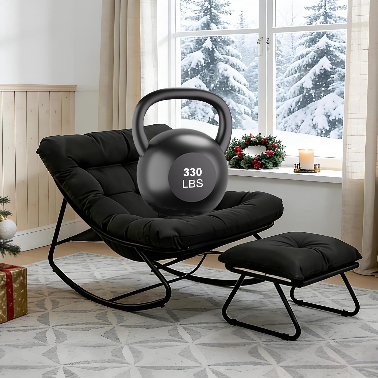 Outdoor Rocking Chair with Ottoman, Comfy Oversized Papasan Chair, Modern Upholstered Egg Gliders, 300 Lbs Wide Recliner Lounge Rocker for Bedroom, Living Room, Patio, Porch, Balcony(Black)