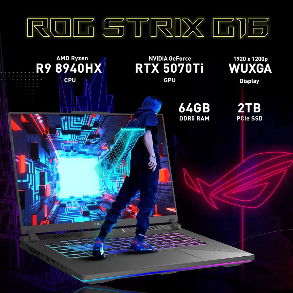ASUS ROG Strix G16 Gaming Laptop, GeForce RTX 5070 Ti 12GB GDDR7, AMD Ryzen 9 8940HX, 64GB DDR5, 2TB PCIe SSD, Backlit Keyboard, 16' WUXGA 165Hz Display, Windows 11 Pro, Gray, 1TB Docking Station Set