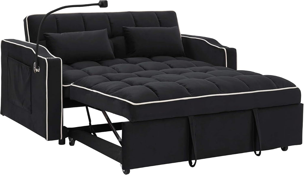 LUMISOL 55.5' Convertible Sleeper Sofa with Pull Out Bed, 3-in-1 Loveseat Sofa with USB Ports, 2 Cup Holders & Storage Pockets, Velvet Sleeper Sofa Bed with Adjustable Backrest, Black