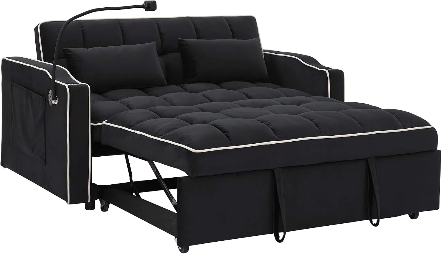 LUMISOL 55.5' Convertible Sleeper Sofa with Pull Out Bed, 3-in-1 Loveseat Sofa with USB Ports, 2 Cup Holders & Storage Pockets, Velvet Sleeper Sofa Bed with Adjustable Backrest, Black