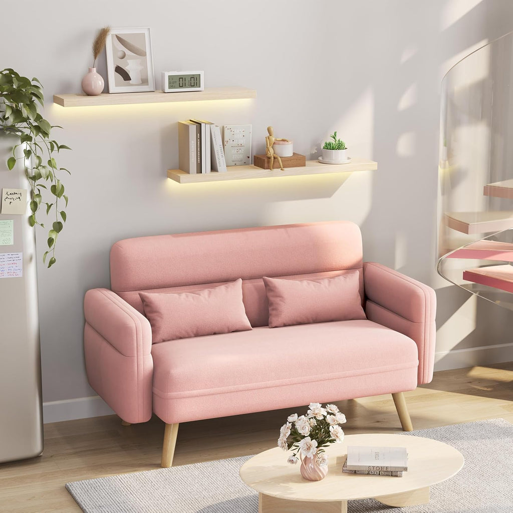 Yaheetech 46' Small Modern Fabric Sofa Loveseat Mid Century 2 Seater Sofa Couch with Lumbar Pillows, Solid Wood Legs for Living Room, Small Space, Dorm, Office, Bedroom, Pink