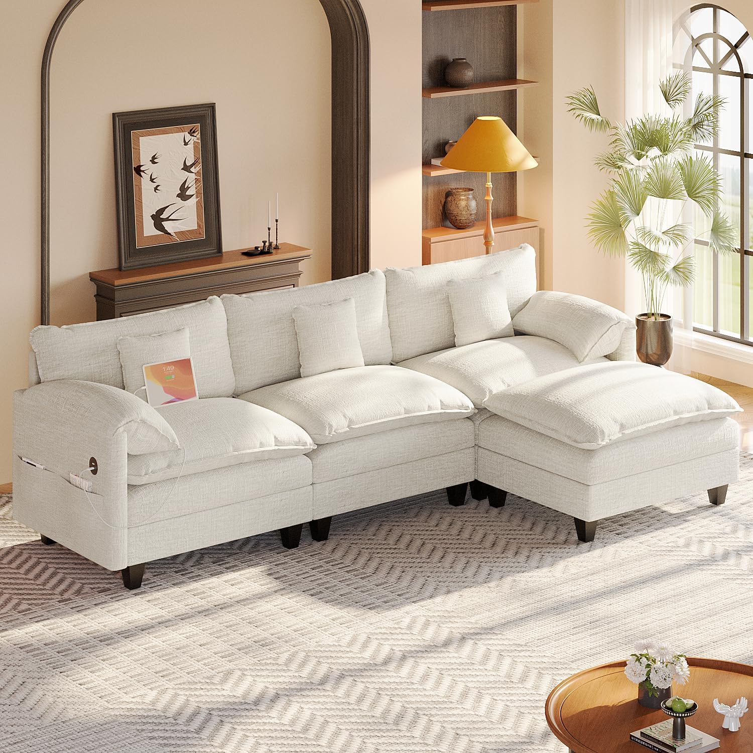 KCGKCG Modular Sectional Sofa, 108' Comfy Cloud Couch with Movable Ottoman | Charging Station | Side Pocket | Throw Pillow, Modern L-Shaped Couches for Living Room, Chenille, White