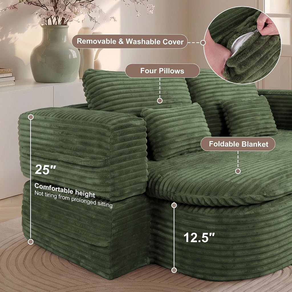 75'' Folding Sleeper Sofa Bed, Convertible Memory Foam Boneless Couch, Foldable Full Size Guest Bed, Modern 2-in-1 Futon Floor Sleeper Sofa with 4 Pillows and Blanket (Corduroy, Green)