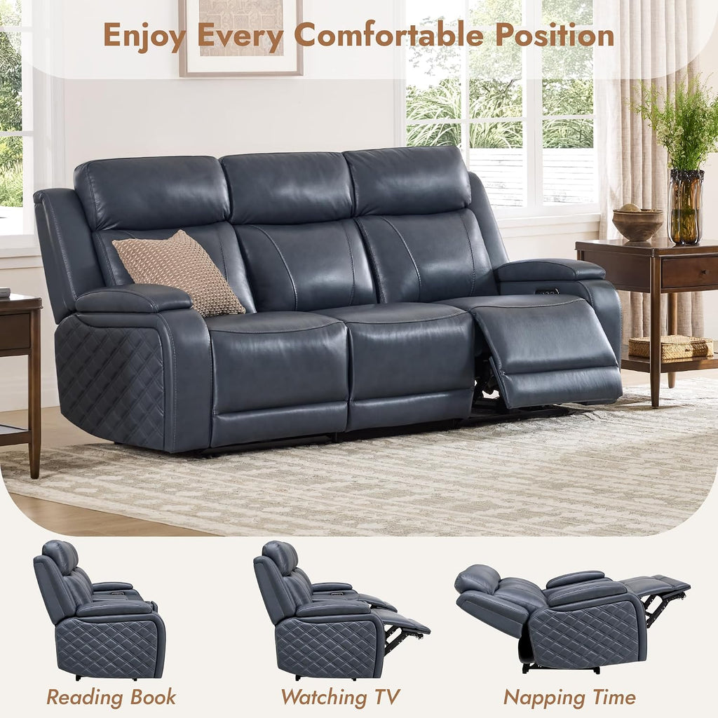 Watson & Whitely Genuine Leather Power Recliner Sofa, 3 Seater Zero Gravity Reclining Couch with Power Headrest & Flip Middle Backrest Table, Hidden Storage, Cup Holders for Living Room, Navy Blue