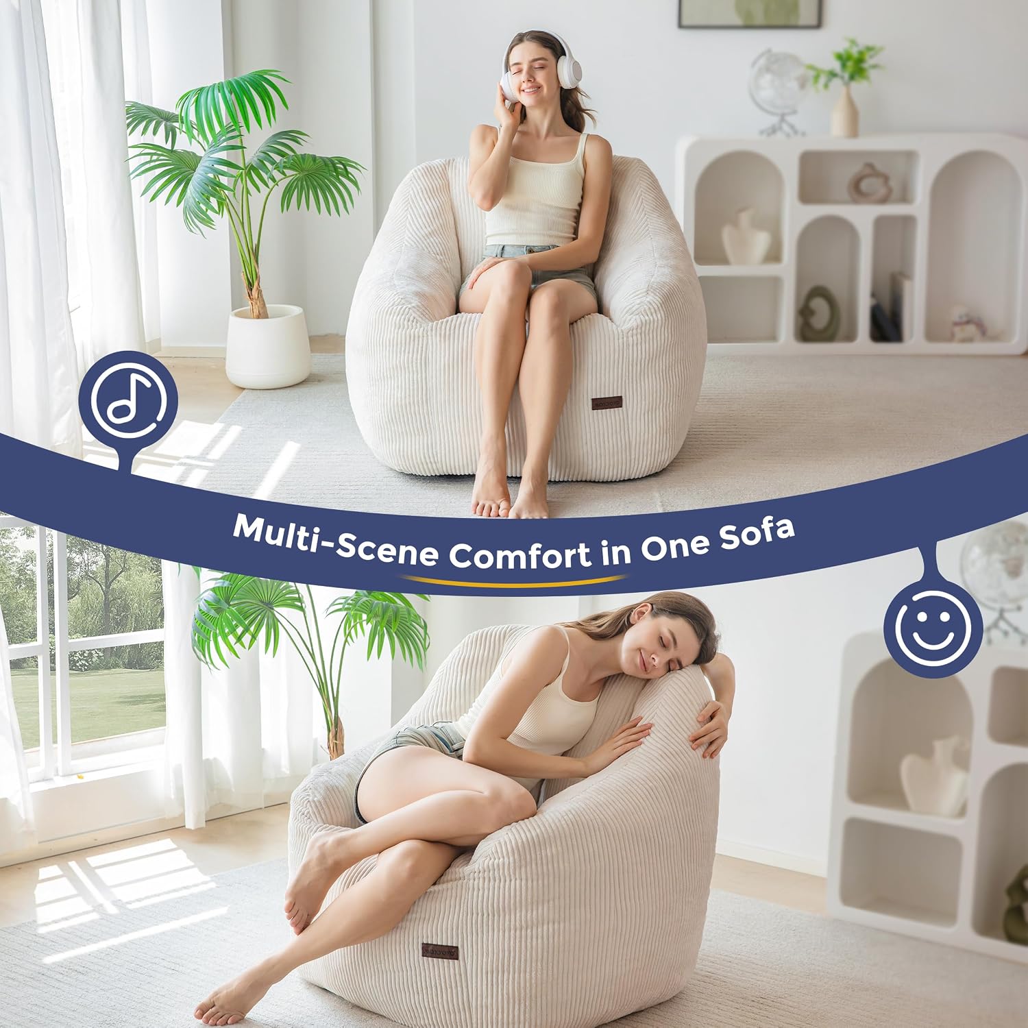 MAXYOYO Bean Bag Chair, Bean Bag Sofa with Filler, Cozy Living Room Chair for Adults and Kids, Stuffed Floor Sofa for Bedroom Dorm Reading, Beige