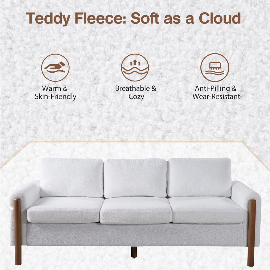 Christopher Knight Home Yadil Teddy Fleece Upholstered 3 Seater Sofa Couch, Wooden Home Sofa Living Room, Comfy Cloud Couch for Bedroom, Home Office, Cream White