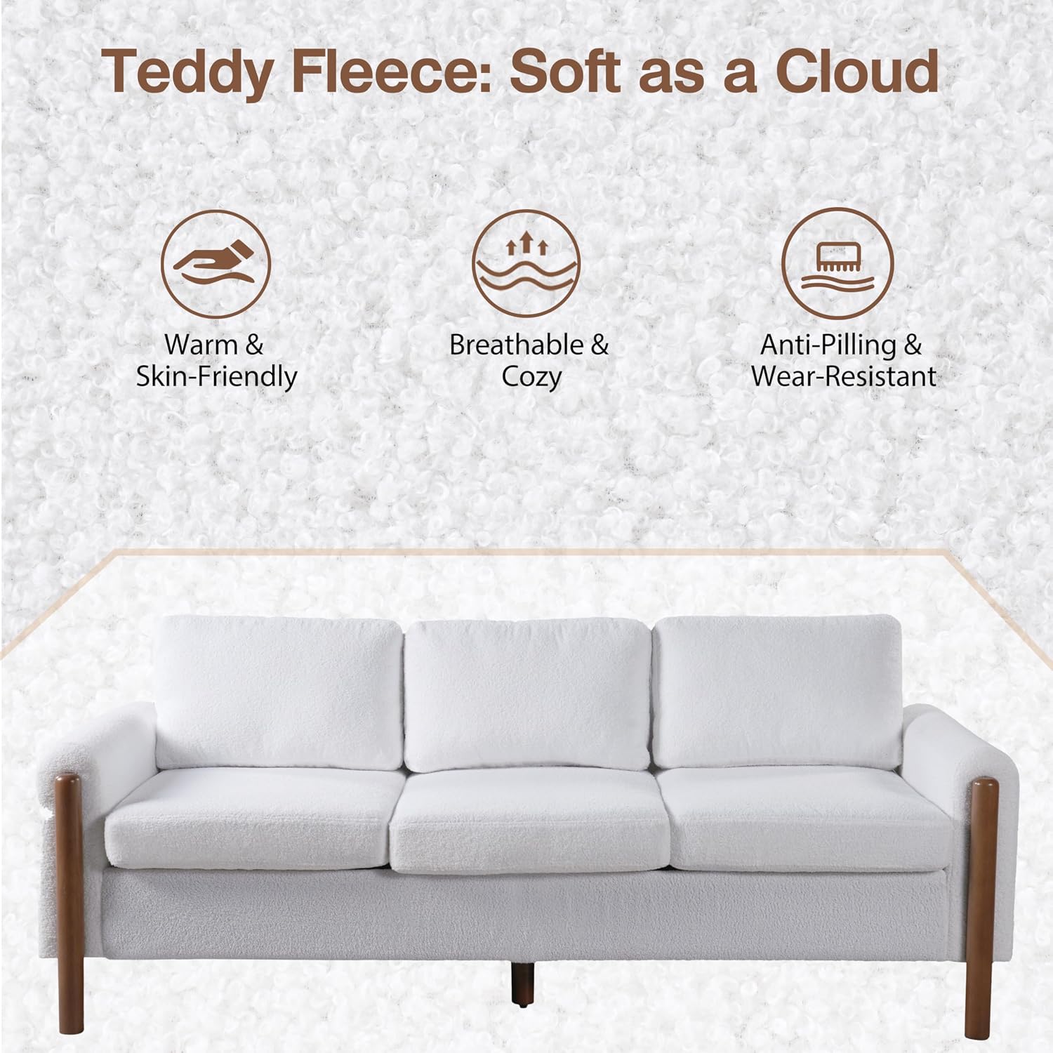 Christopher Knight Home Yadil Teddy Fleece Upholstered 3 Seater Sofa Couch, Wooden Home Sofa Living Room, Comfy Cloud Couch for Bedroom, Home Office, Cream White
