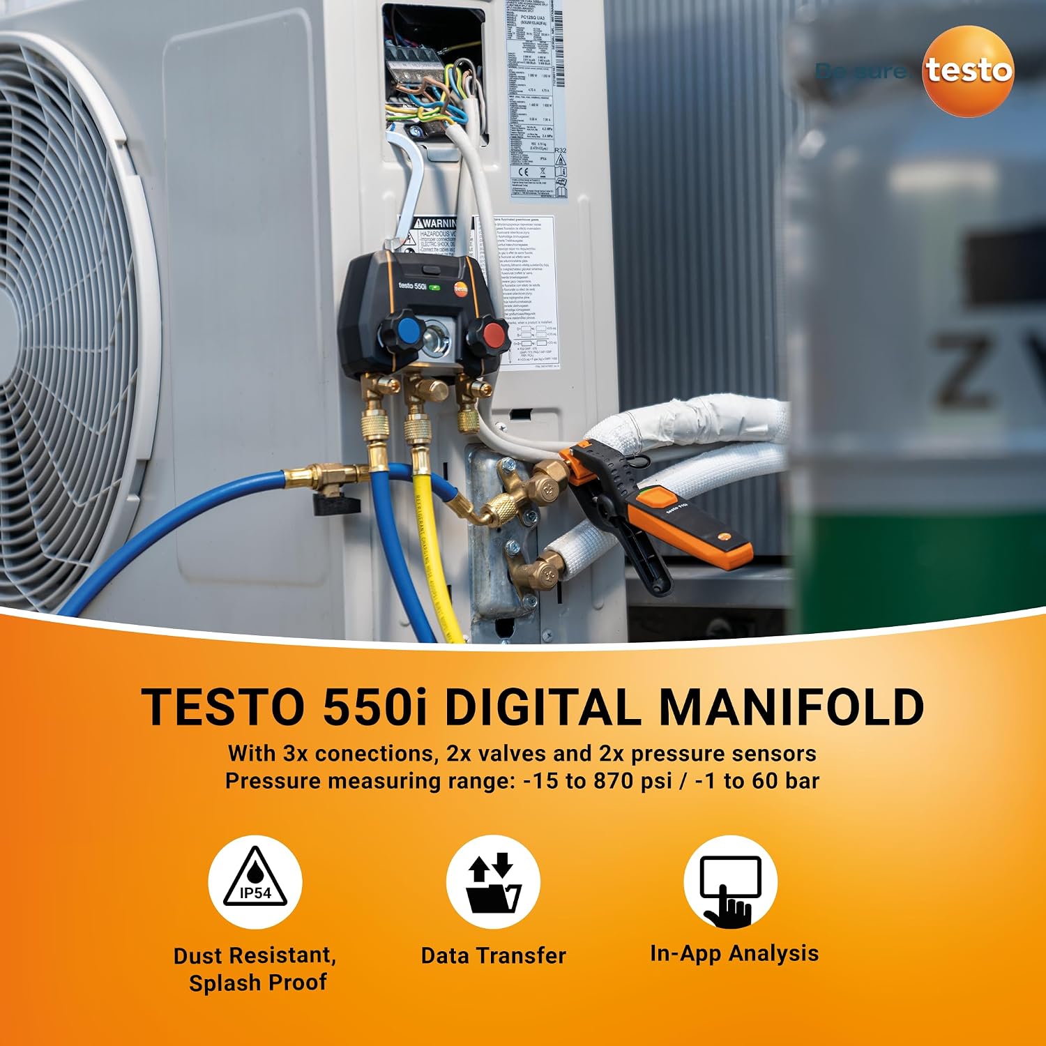 Testo 550i AC Manifold Gauge Set – Manifold Gauges & Refrigeration – Incl. 1x 552i Micron Gauge & 2x 115i Pipe Clamp For Air Conditioning, Refrigeration Systems & Heat Pumps – Bluetooth – App Operated