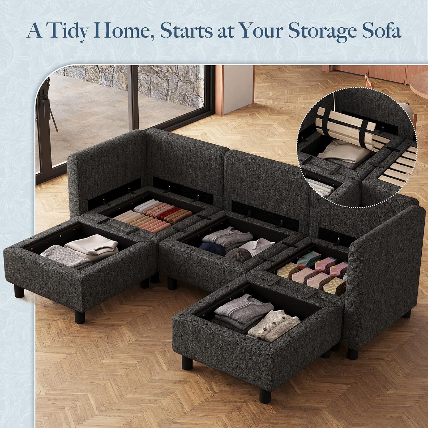 Belffin 84.3' 5 Seats U Shaped Couch Modular Sectional Sofa Washable Sectional Couches for Living Room Comfy Couches with Storage Seat Couch Sofas with Chaise,Dark Grey