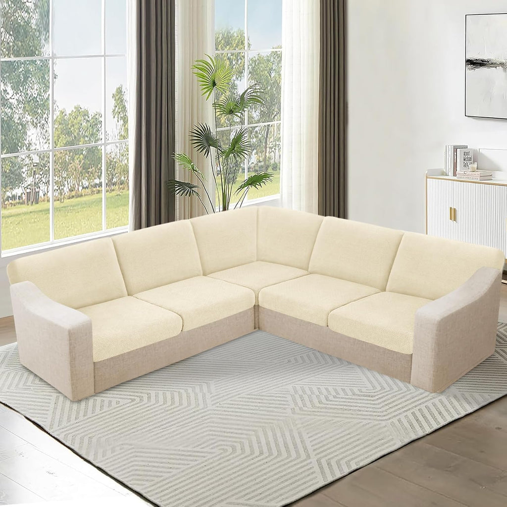 HDCAXKJ Waterproof Sectional Couch Cushion Covers 11 Pieces Stretch Jacquard L Shaped Corner Sofa Slipcover Back Cover Soft Sofa Seat Cushion Covers for Dogs Pet (5 Seater and 6 Backrest, Beige)