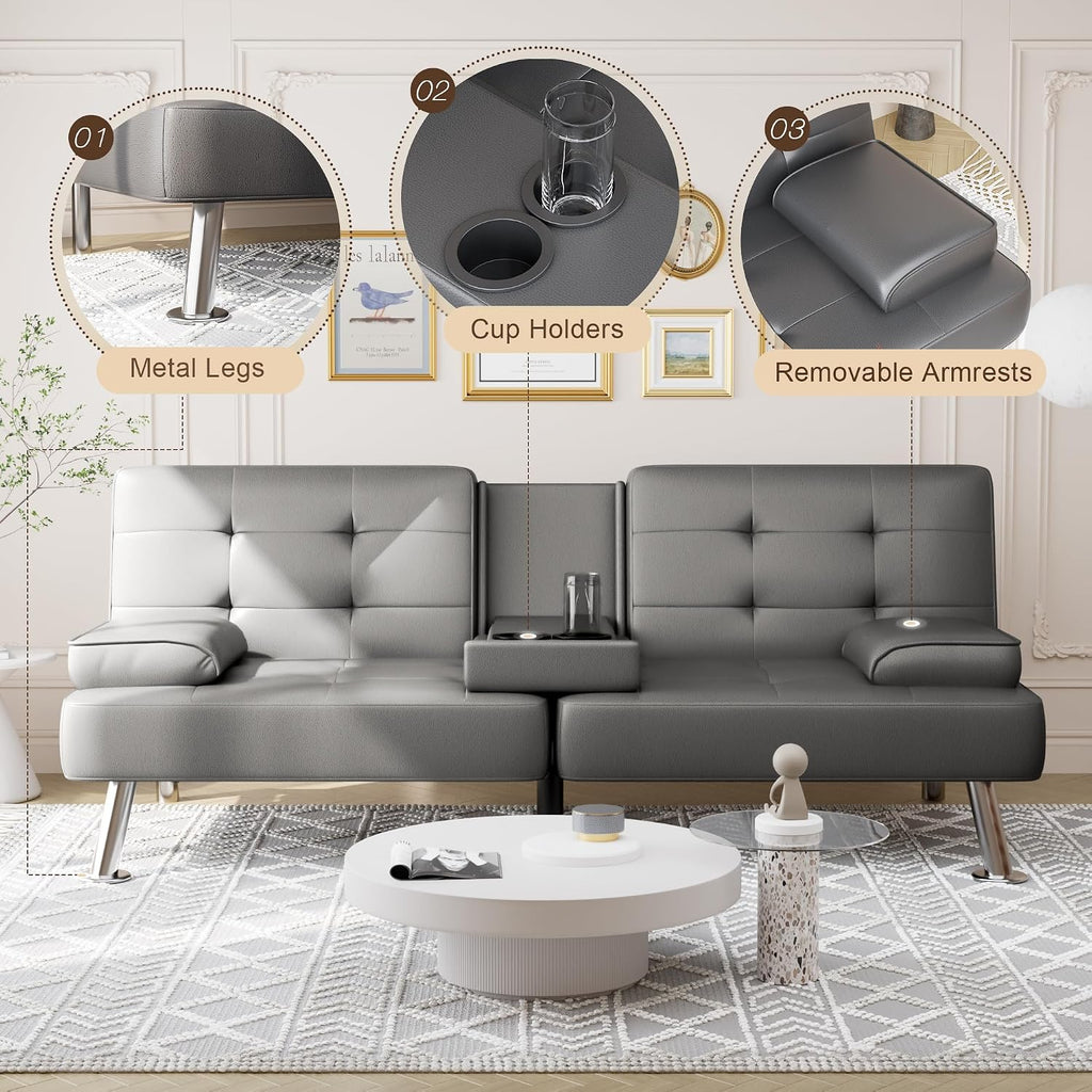 Shahoo Convertible Folding Futon Sofa Bed Sleeper Couch for Living Room Faux Leather Upholstered Loveseat w/Removable Armrests, Metal Legs, 2 Cup Holders, Gray